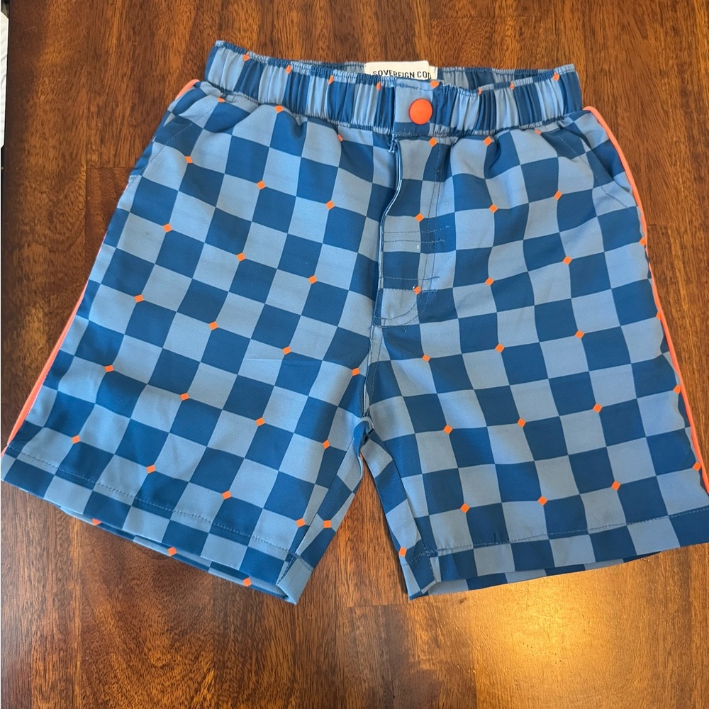 New Sovereign Code Kids Blue Checkered Shorts with Orange Details